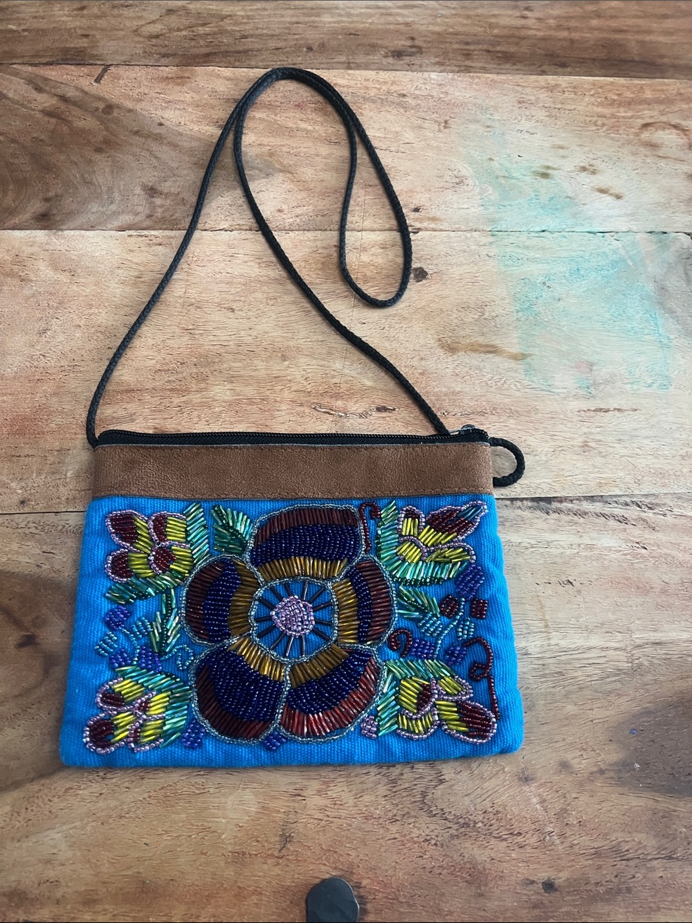 Handcrafted Blue Beaded Floral Crossbody Bag